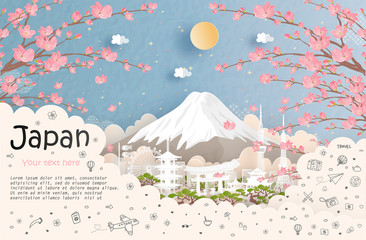 Fototapete - Tour and travel advertising, postcard, panorama poster of world famous landmark of Japan in paper cut style vector illustration.