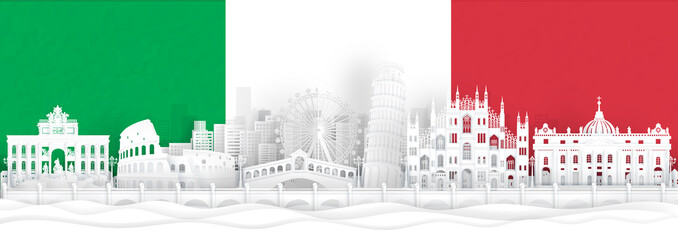 Fototapete - Italy flag and famous landmarks in paper cut style vector illustration. 