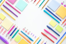 Ideas Creativity Concepts With Flat Lay Of Colorful Stationery On Wite Space Background.back To School.Modern Mock Up Of Business