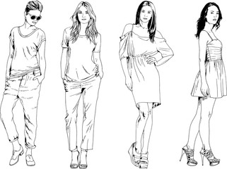 vector drawings on the theme of beautiful slim sporty girl in casual clothes in various poses painted ink hand sketch with no background	