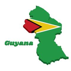 3d map outline of guyana, a green field with the black red triangle and white golden triangle, also 