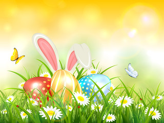 Wall Mural - Yellow Background with Rabbit and Easter Eggs in Grass