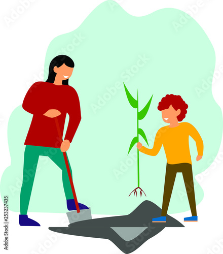 Family Plant Crops In The Spring A Woman And A Boy Are Planting A Tree Flat Cartoon Vector Illustration Buy This Stock Vector And Explore Similar Vectors At Adobe Stock