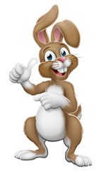 Easter bunny rabbit cartoon character giving a thumbs up and pointing