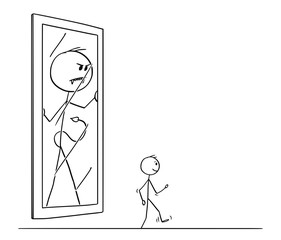 Sticker - Cartoon stick figure drawing conceptual illustration of man leaving his demon or devil yourself or personality in the mirror. Concept of schizophrenia or mental disorder.