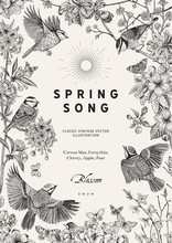 Spring Song. Classis Vintage Illustration. Blossom Garden. Black And White