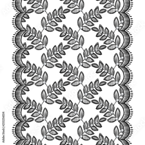 Lace seamless pattern with decortive leaves and pearls on white