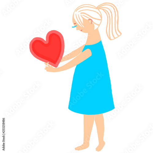 Blonde Girl Hair With Red Heart In Her Hands Blue Short Dress