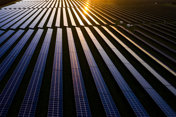 aerial looking over a modern solar farm at sunrise in the english countryside