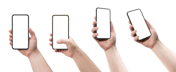 set of four smartphones, blank screen and isolated on white background. template, mockup.