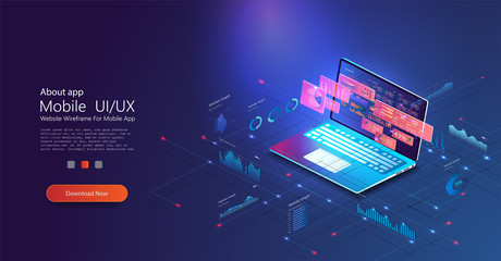 Fototapete - Application of laptop with business graph and analytics data on isometric laptop . Analysis trends and financial strategy by using infographic chart. Online statistics and data Analytics. Vector