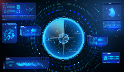 Aufkleber - Futuristic radar. Military navigate sonar.Futuristic concept HUD, GUI style. Screen ( Dashboard, Futuristic Circle, Space Elements, Infographics) Radar Screen and elements GUI interface. Vector