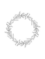 Wall Mural - Delicate Hand Drawn Olive Twigs Isolated on a White Background. Vector Black Branch Frame of Round Shape.Retro Style Delicate Black Sketched Floral Wreath.Illustration Without Text.Lovely Wedding Art.