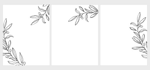 Wall Mural - Set of 3 Green Olive Twigs Vector Illustration. Black Olive Branches Isolated on a White Background. Simple Elegant Wedding Cards. Floral Hand Drawn Arts. Illustration Without Text.