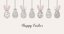 Easter Banner With Hanging Eggs And Funny Bunnies. Vector