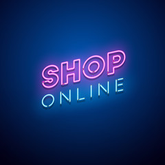 Wall Mural - Shop online neon sign. Vector illustration.