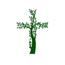 Concept Of Green Christian Cross In The Form Of Tree On Transparent Background. Vector Illustration.
