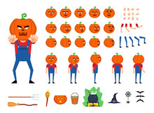 Halloween Monster Creation Kit. Create Your Own Pose, Action, Animation. Various Gestures, Emotions, Design Elements. Flat Design Vector Illustration