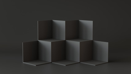 Wall Mural - Black cube boxes with dark wall background. 3D rendering.