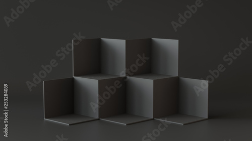 Black cube boxes with dark wall background. 3D rendering. Poster Mural XXL