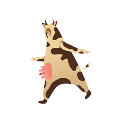 Wall Mural - funny man in costume of cow in running action, side view. outfit for carnival. cartoon character. fl