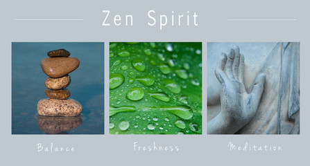 closeup of Zen spirit  - collage with text :, Balance, Freshness and Meditation