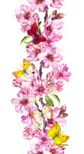 Apple, Cherry Pink Flowers, Spring Butterflies. Seamless Floral Stripe Frame. Botanical Watercolour Painted Border