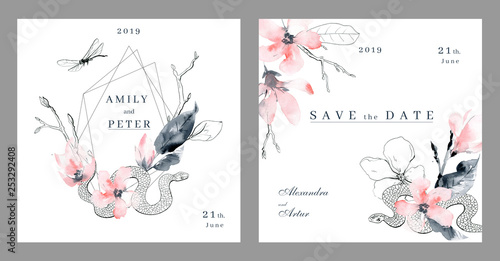 Watercolor invitation wedding template. White, black and pink colors.