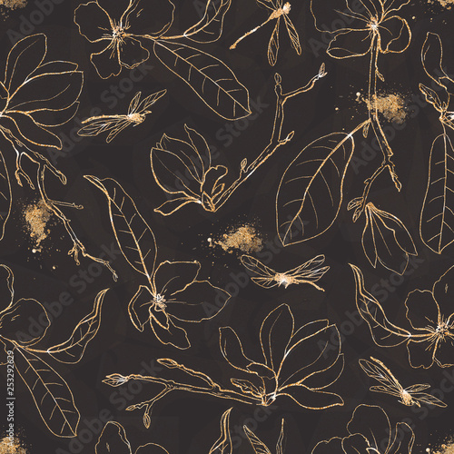 Seamless pattern with golden flowers and leaves in black background.