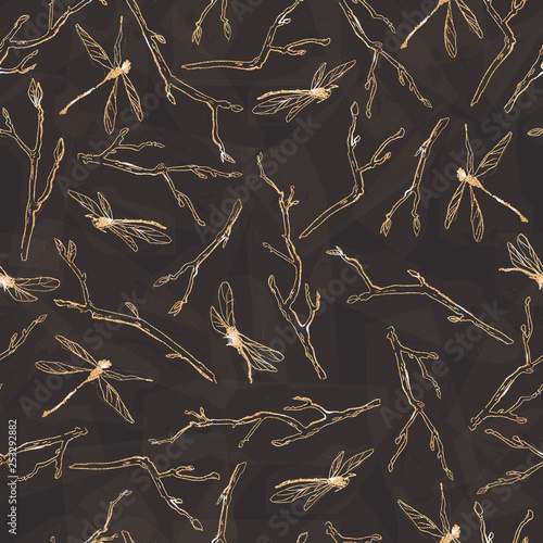 Seamless pattern with golden dragonflies and branches on the black background.