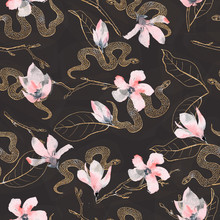 Seamless Pattern With Golden Flowers And Snakes On The Black Background.