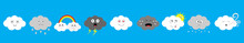 White Dark Cloud Emoji Icon Set Line. Fluffy Clouds. Sun, Rainbow, Wind, Rain Drop, Thunderbolt, Storm Lightning. Cute Cartoon Cloudscape. Different Emotion Flat Design Blues Sky Background