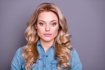 Wall Mural - Close-up portrait of her she nice cute lovely sweet adorable fascinating charming attractive candid serious perfect caucasian wavy-haired lady isolated over gray violet purple pastel background