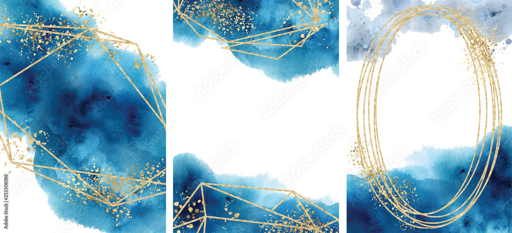 Watercolor abstract aquamarine, background, watercolour blue and gold texture Vector illustration - obrazy, fototapety, plakaty 