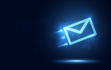 Futuristic Blue Express Envelope And Parcel Abstract Technology Background. Business Quantum Internet Network Communication And High Speed Parcel Delivery And Email Text Sending Message Service