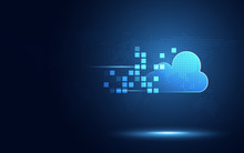 Futuristic Blue Cloud With Pixel Digital Transformation Abstract New Technology Background. Artificial Intelligence And Big Data Concept. Business Industry 4.0 And 5g Wifi Data Storage Communication.