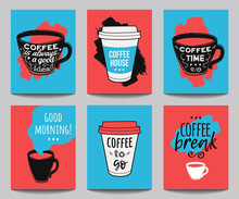 Vector Set Of Modern Posters With Coffee Backgrounds. Trendy Hipster Templates For Flyers, Banners, Invitations, Restaurant Or Cafe Menu Design.