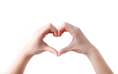 Female hands in heart shape on white background