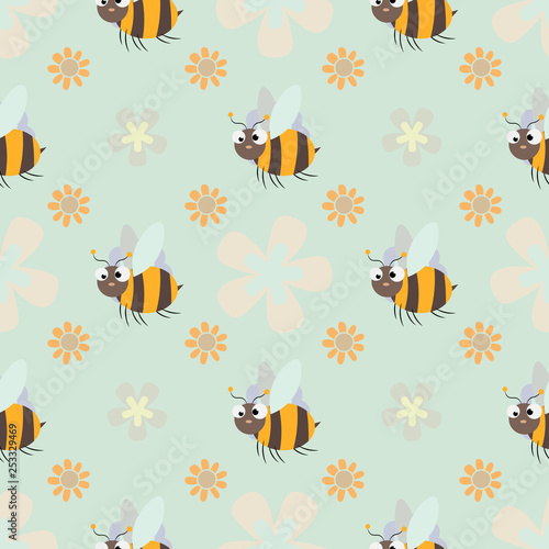 Cotton fabric honey print. Cute cartoon Bee and flower Seamless pattern