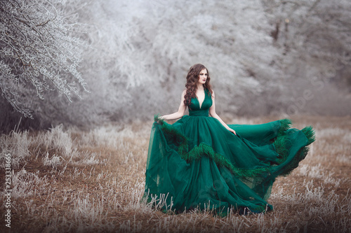 Beautiful Long Haired Girl In A Magnificent Emerald Fairy Dress