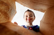 © Lisa Tichané - Low angle view of smiling boy looking inside paper bag