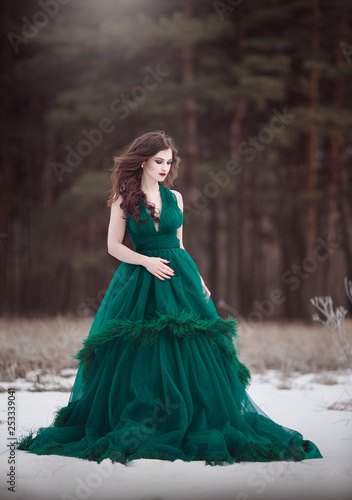 Beautiful Long Haired Girl In A Magnificent Emerald Fairy Dress