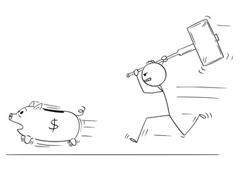 Sticker - Cartoon stick figure drawing conceptual illustration of angry man or businessman chasing running piggy bank pig with big hammer.