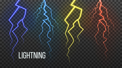 Sticker - Lightning Vector. Storm Flash Thunder. Electric Power. Realistic Isolated Transparent Illustration