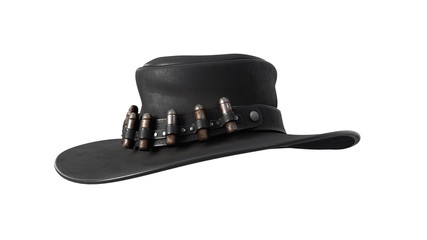 3d illustration of black cowboy hat with rusty bullets. Western gunslinger cowboy hat. Traditional accessories of American cowboys. Gangster hat of the wild west. 3D rendering on white background.