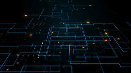 Wall Mural - 3d render abstract digital background with thick and thin lines. square particles. depth of field an