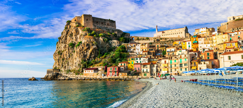 Travel in Calabria, Scilla medieval town with great beach. South of Italy - obrazy, fototapety, plakaty 