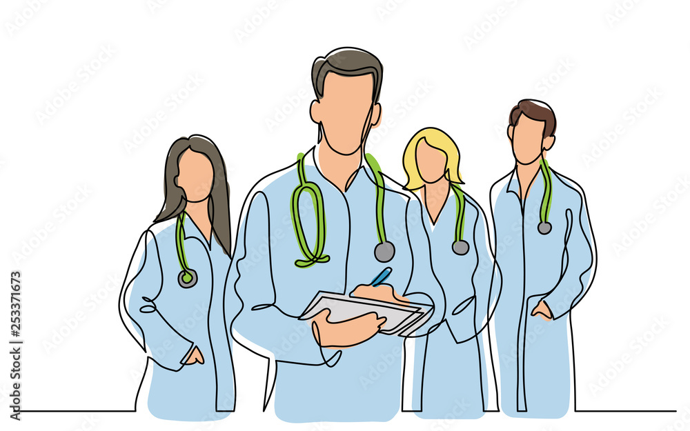 continuous vector line drawing of team of doctors - obrazy, fototapety, plakaty 