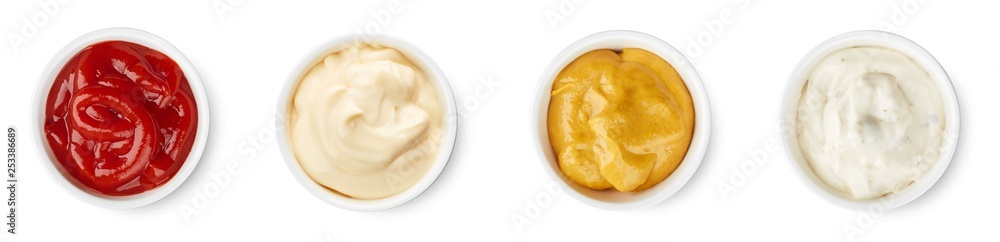 Ketchup, mayonnaise, mustard, garlic sauce top view isolated on white background - obrazy, fototapety, plakaty 