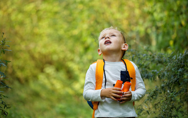 The little boy young researcher exploring with binoculars and backpack environment